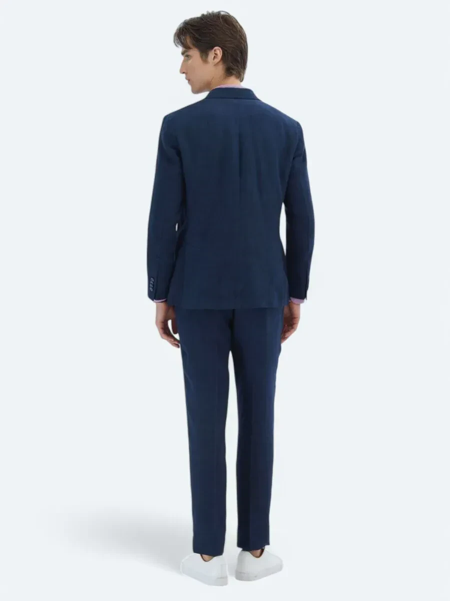 Navy Blue Plain Modern Fit 100% Linen Suit - 7