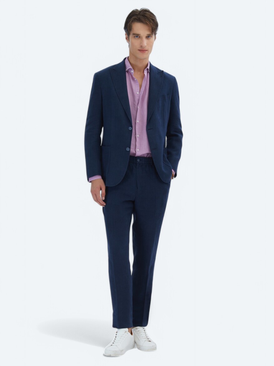 Navy Blue Plain Modern Fit 100% Linen Suit - 1