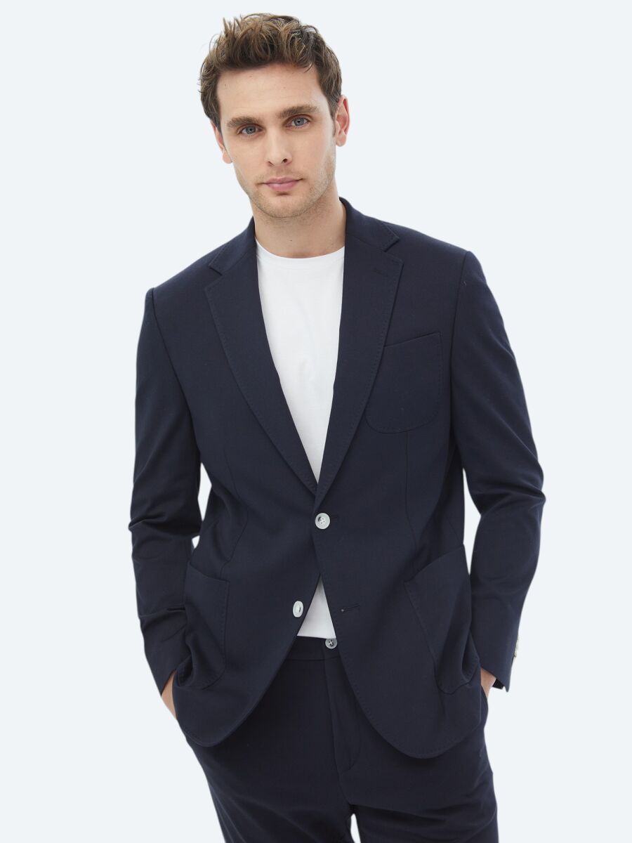 Navy Blue Plain Modern Fit Cotton Blended Suit - 1