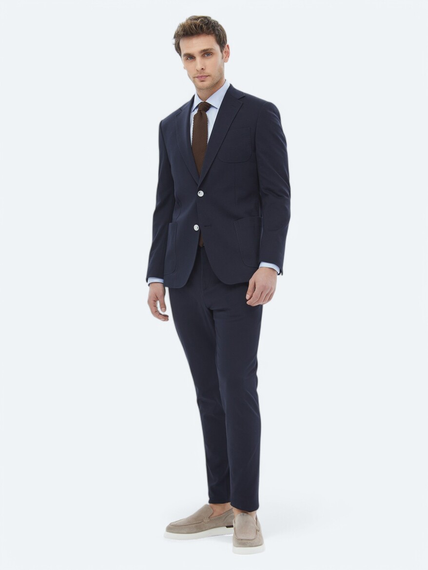 Navy Blue Plain Modern Fit Cotton Blended Suit - 2