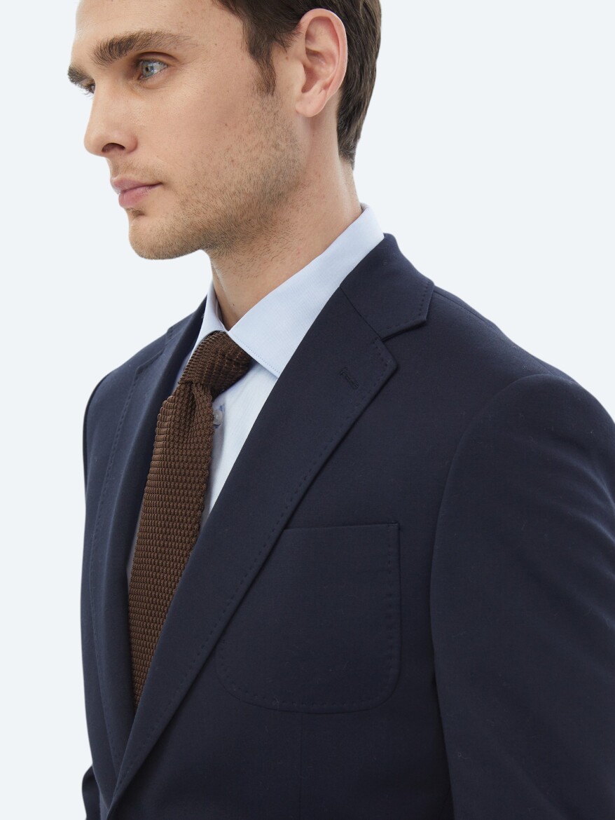 Navy Blue Plain Modern Fit Cotton Blended Suit - 3