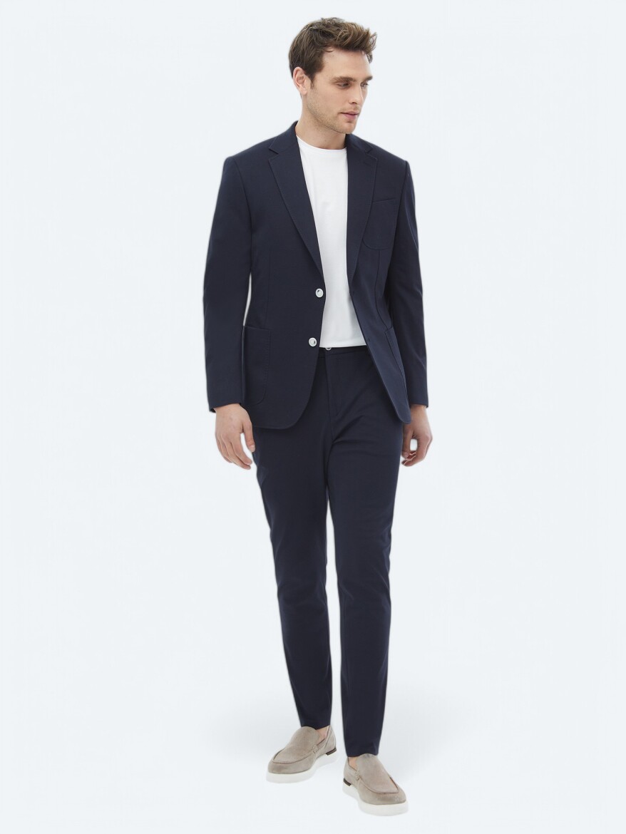 Navy Blue Plain Modern Fit Cotton Blended Suit - 5