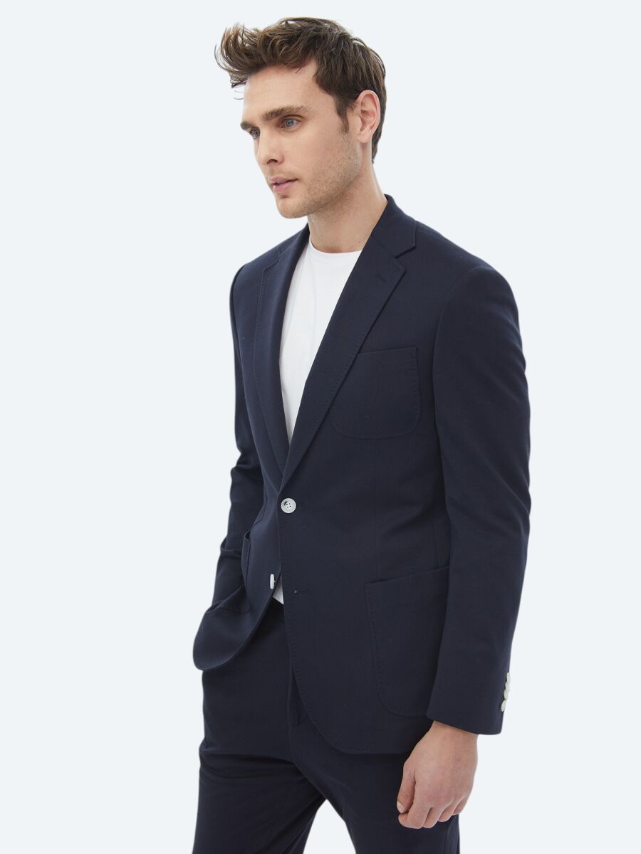Navy Blue Plain Modern Fit Cotton Blended Suit - 6