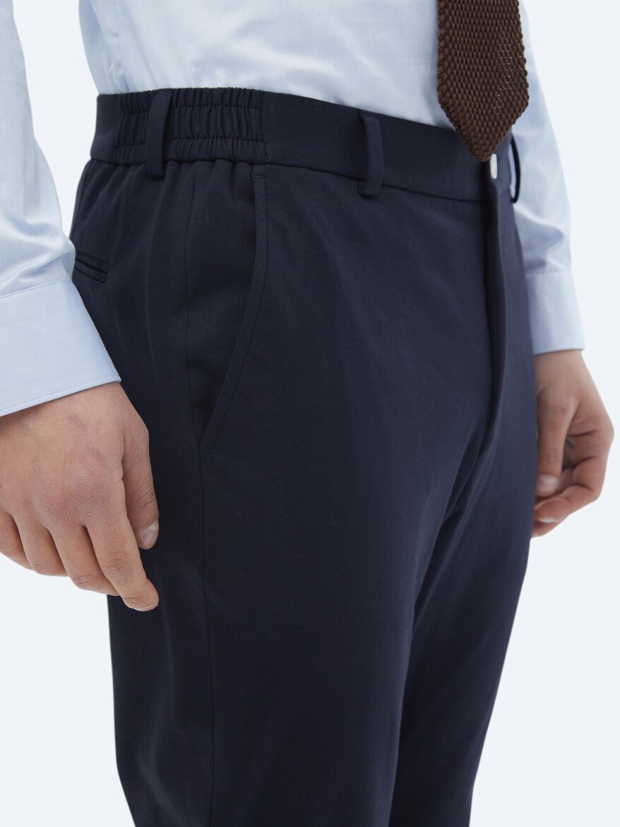 Navy Blue Plain Modern Fit Cotton Blended Suit - 7