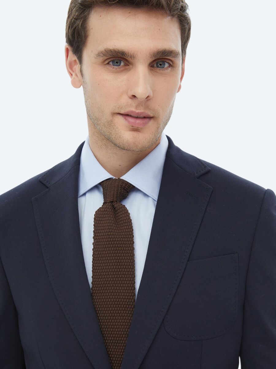 Navy Blue Plain Modern Fit Cotton Blended Suit - 8