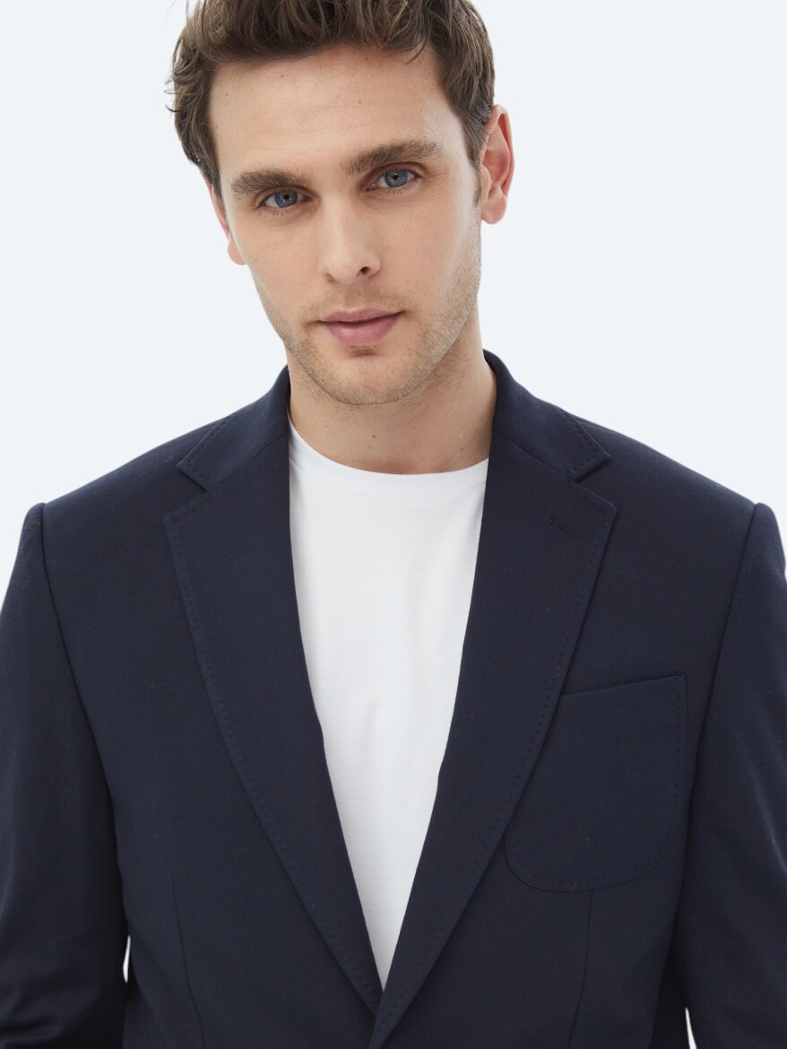 Navy Blue Plain Modern Fit Cotton Blended Suit - 11