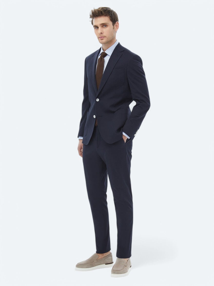 Navy Blue Plain Modern Fit Cotton Blended Suit - 12