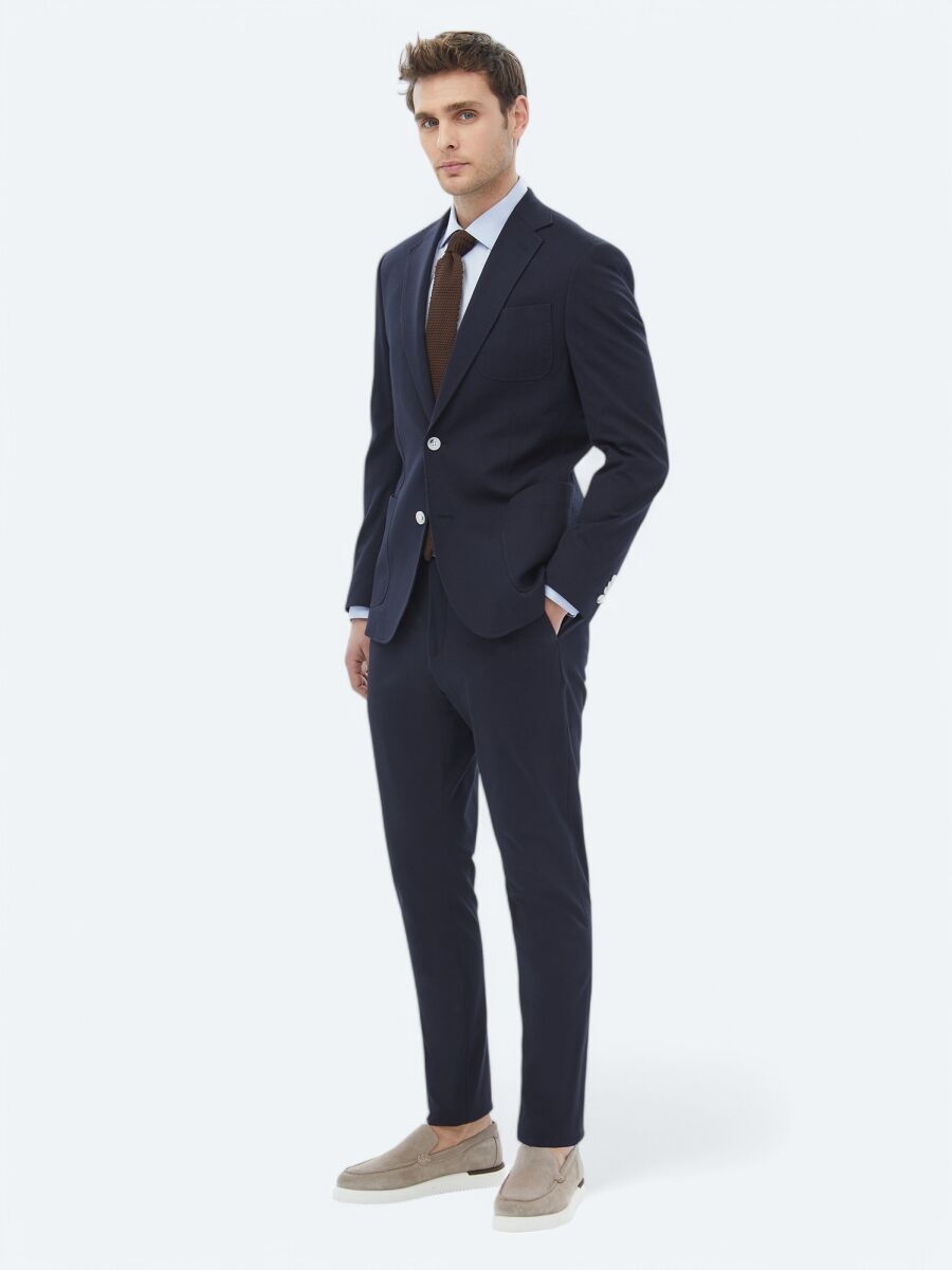 Navy Blue Plain Modern Fit Cotton Blended Suit - 12