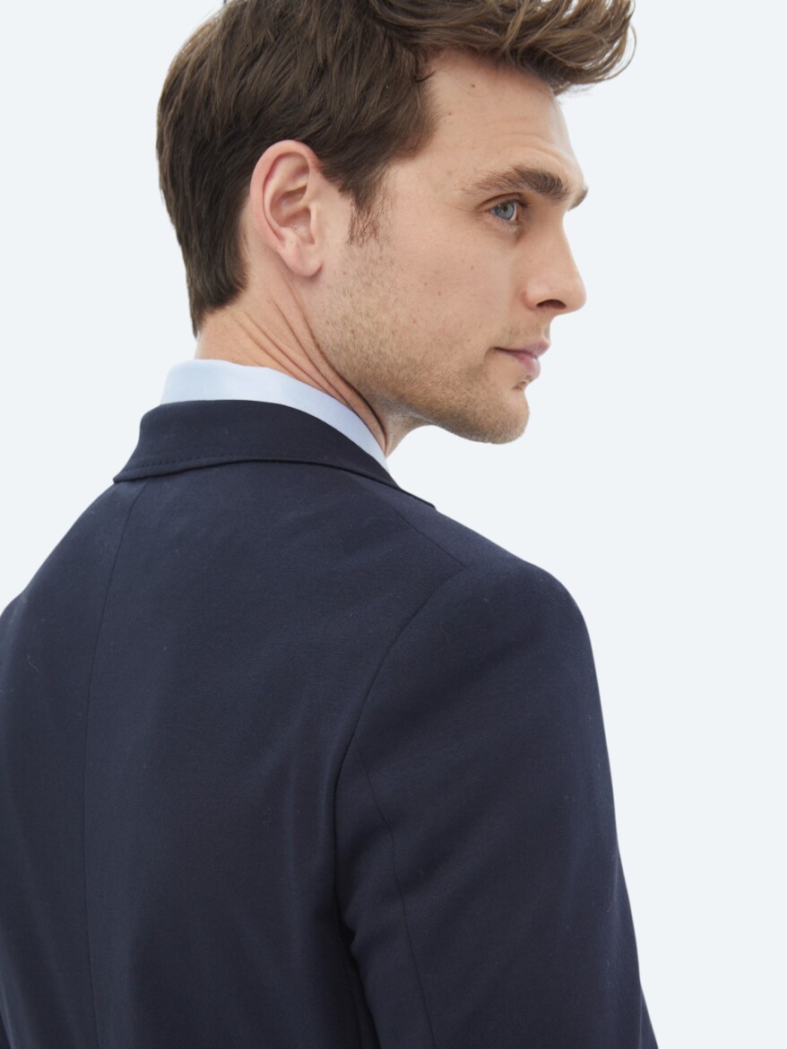 Navy Blue Plain Modern Fit Cotton Blended Suit - 13