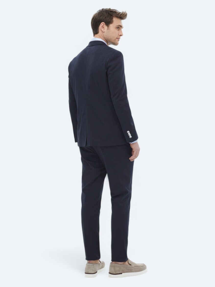 Navy Blue Plain Modern Fit Cotton Blended Suit - 14