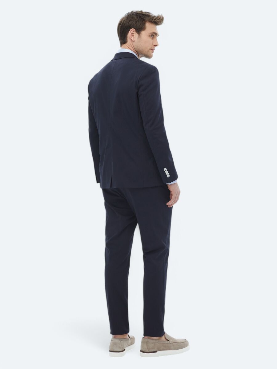 Navy Blue Plain Modern Fit Cotton Blended Suit - 14