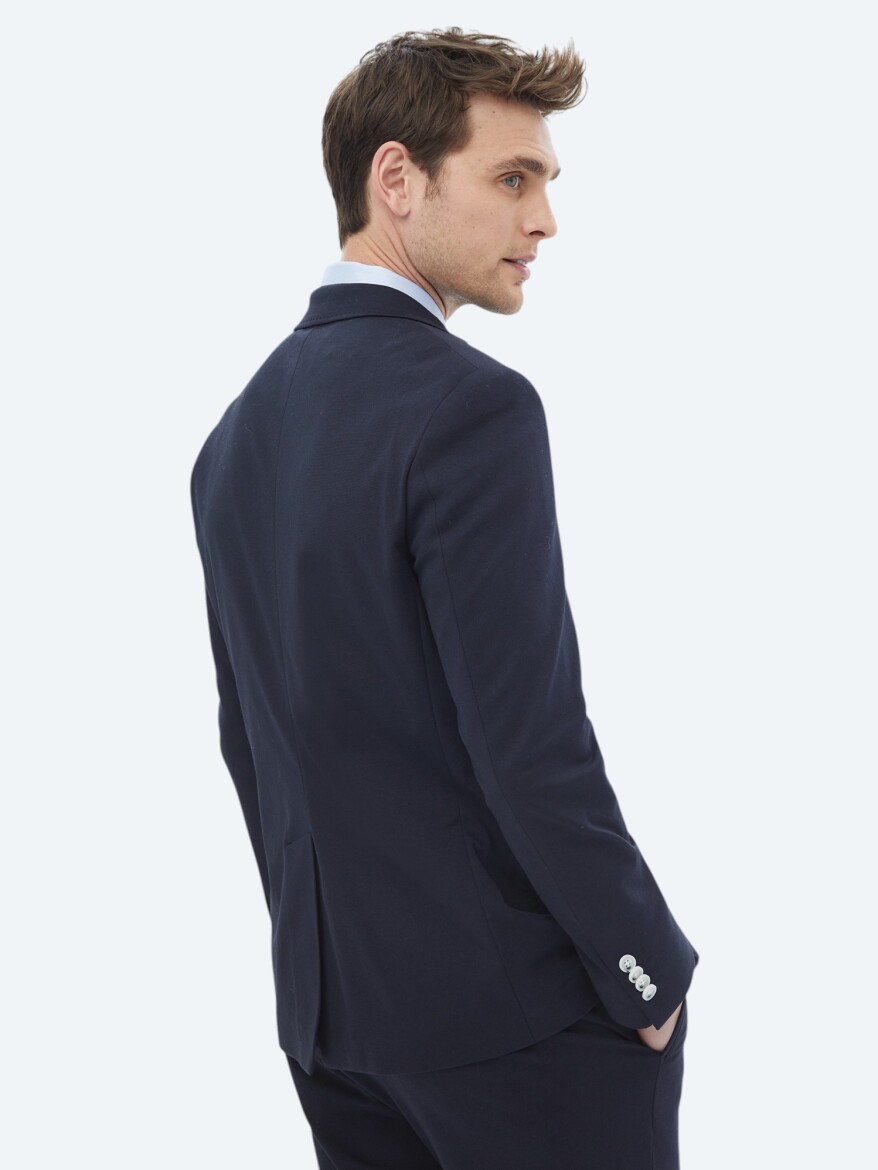 Navy Blue Plain Modern Fit Cotton Blended Suit - 15