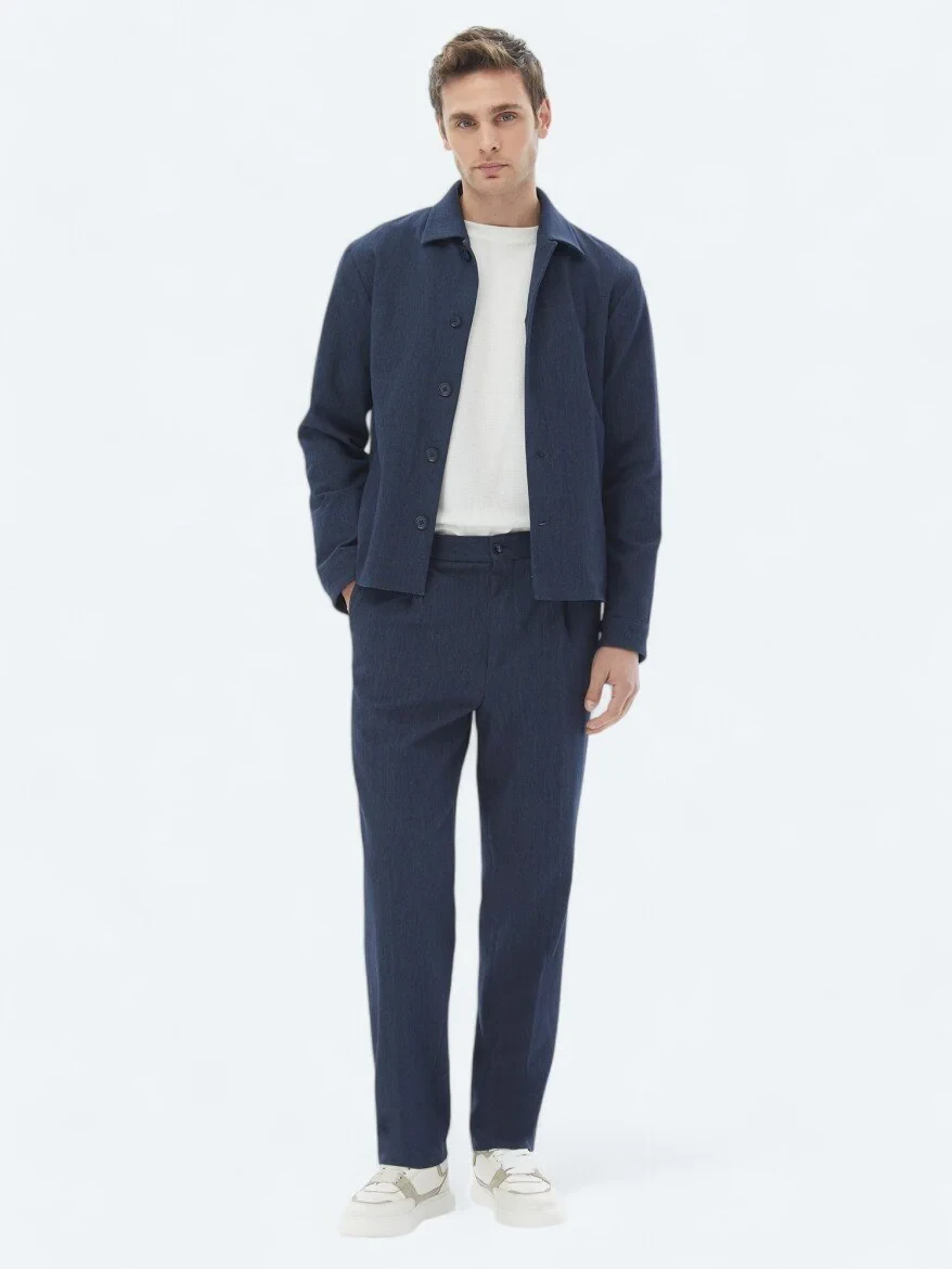 Navy Blue Plain Modern Fit Cotton Blended Suit - 1
