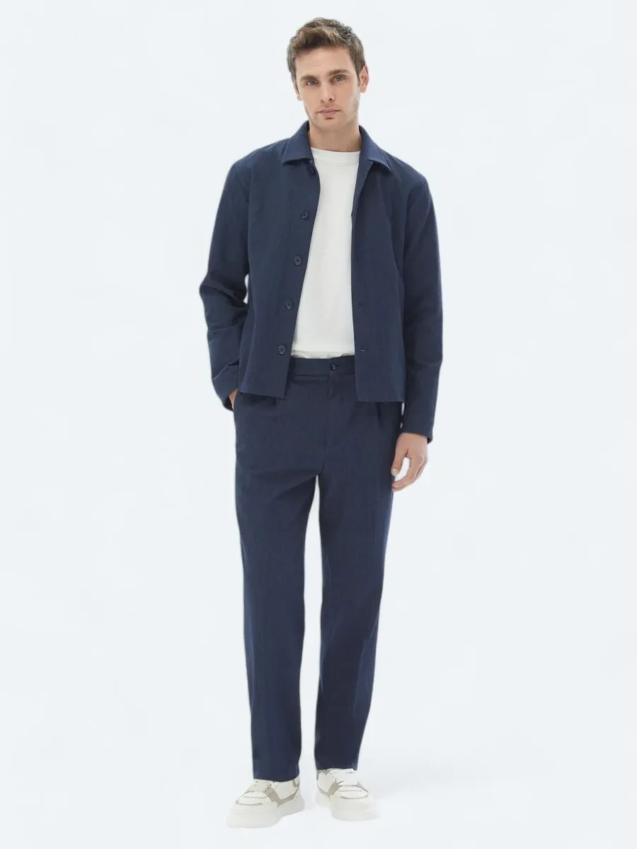 Navy Blue Plain Modern Fit Cotton Blended Suit - 1
