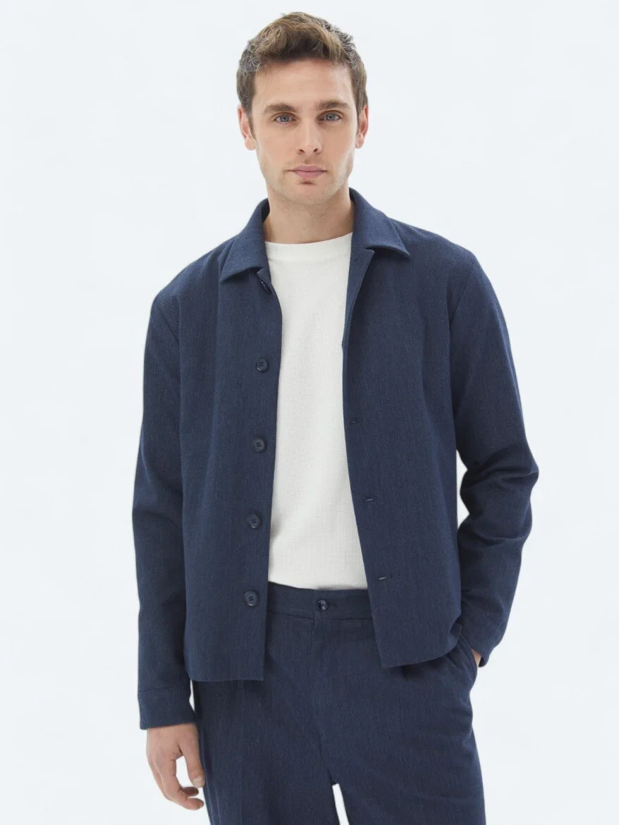 Navy Blue Plain Modern Fit Cotton Blended Suit - 2