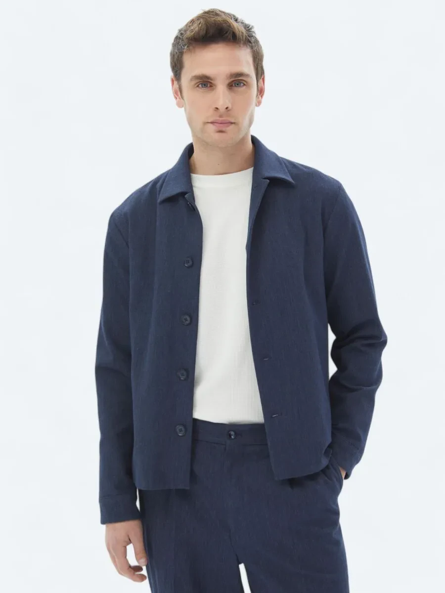 Navy Blue Plain Modern Fit Cotton Blended Suit - 2
