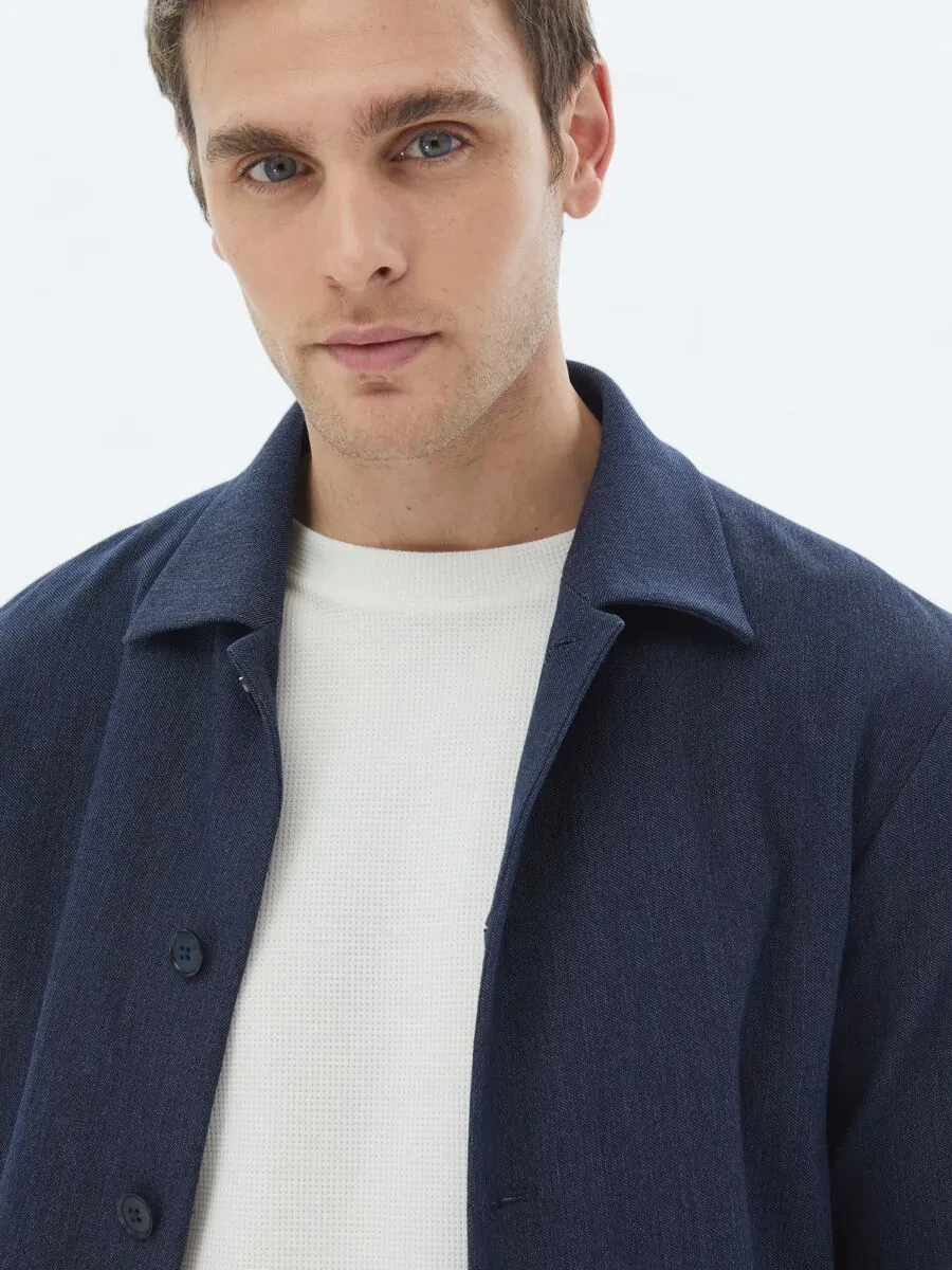 Navy Blue Plain Modern Fit Cotton Blended Suit - 3