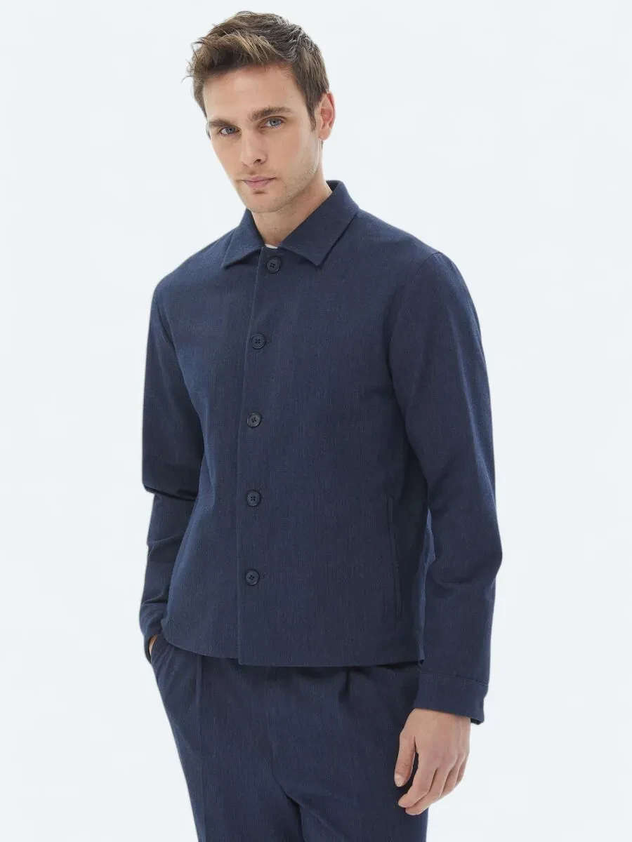 Navy Blue Plain Modern Fit Cotton Blended Suit - 4