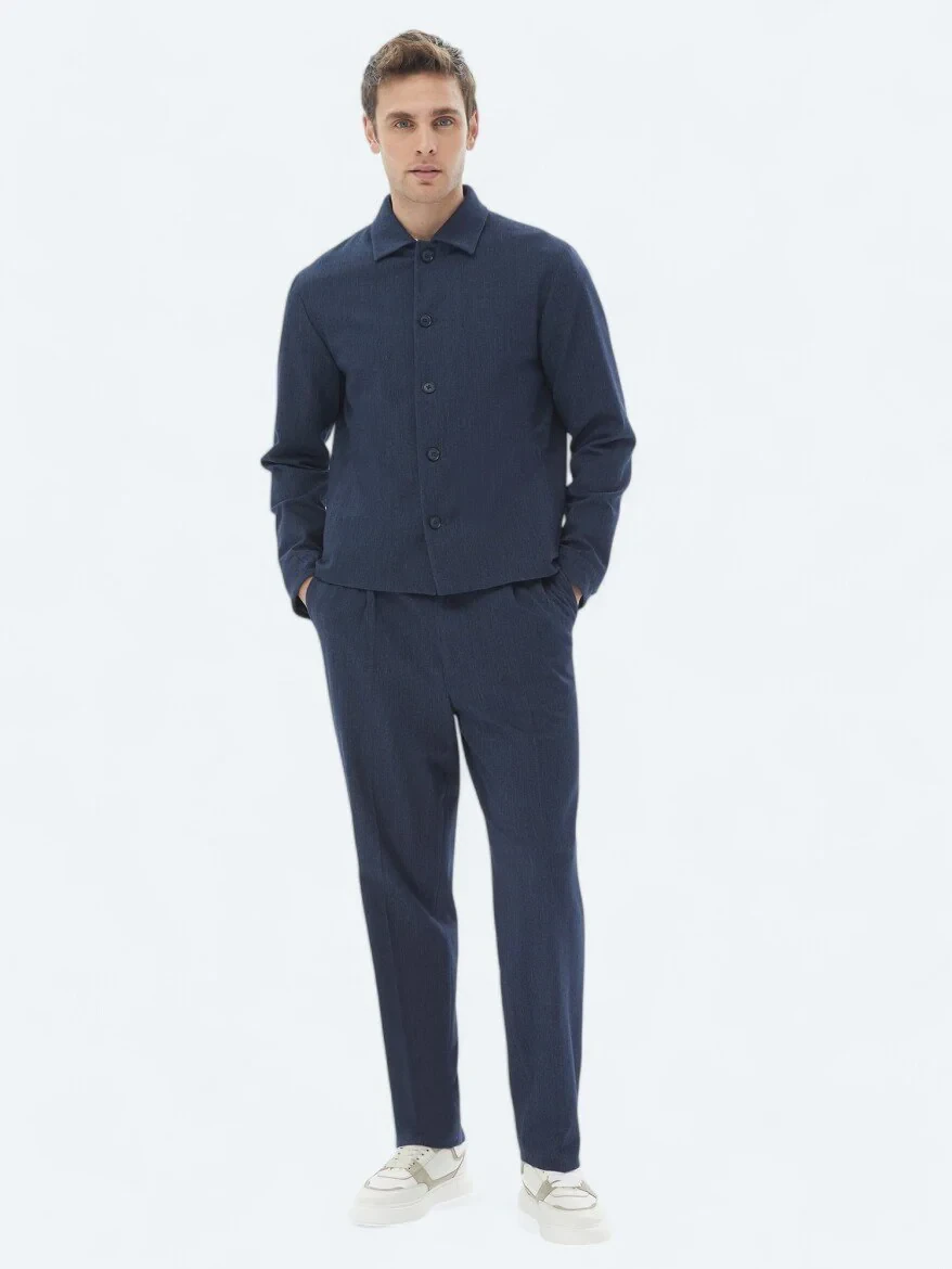 Navy Blue Plain Modern Fit Cotton Blended Suit - 5