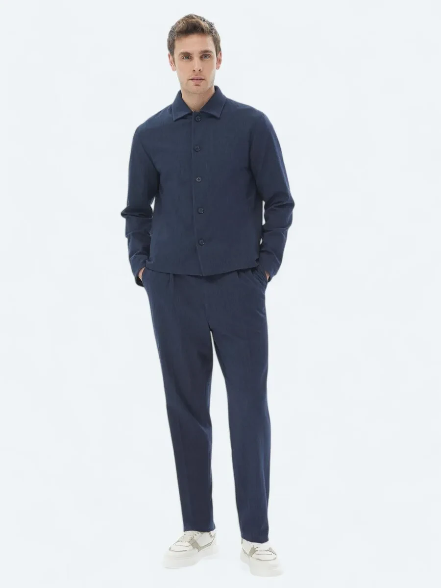 Navy Blue Plain Modern Fit Cotton Blended Suit - 5