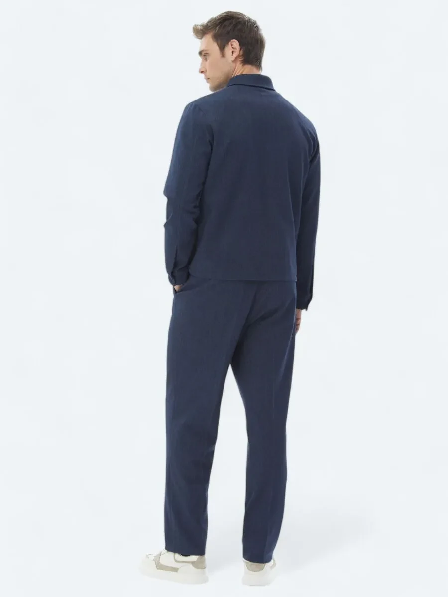 Navy Blue Plain Modern Fit Cotton Blended Suit - 6
