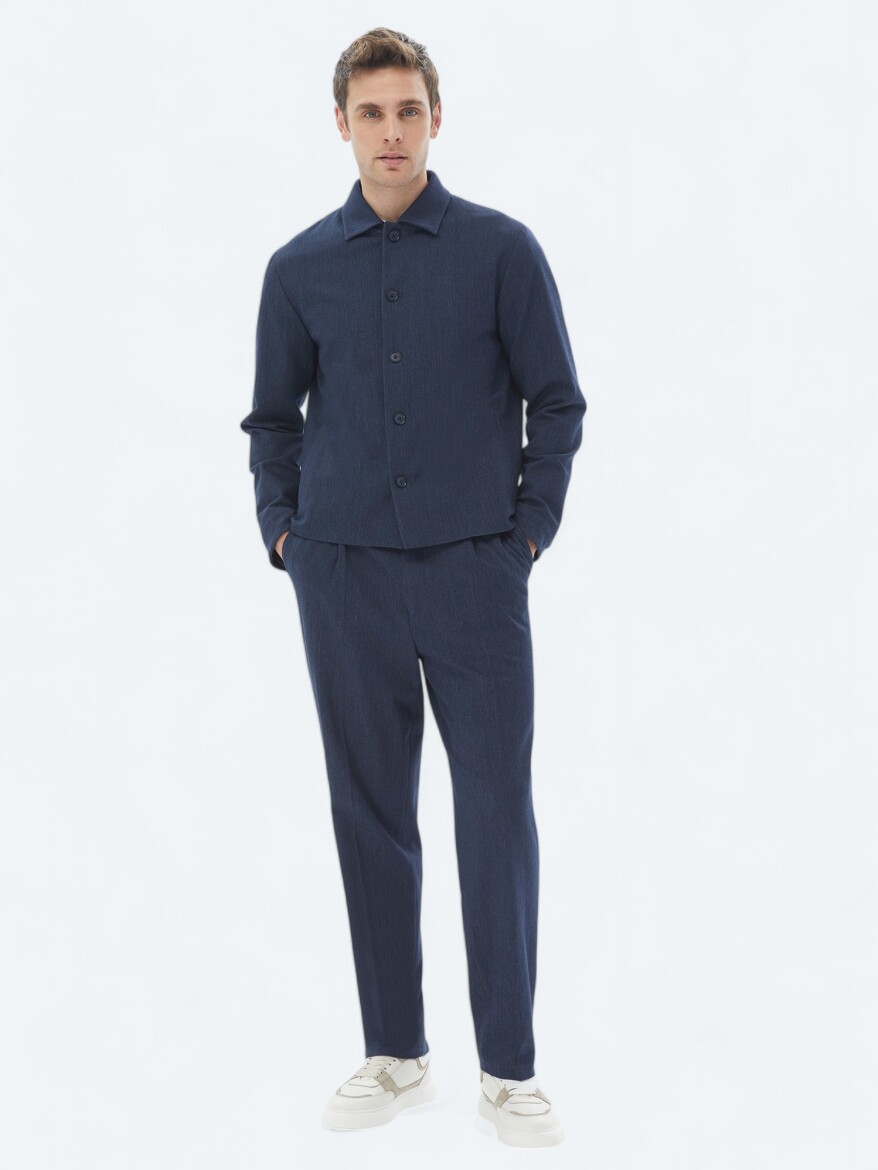 Navy Blue Plain Modern Fit Cotton Blended Suit - 5