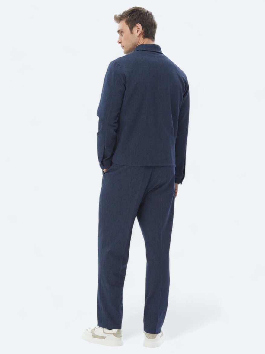Navy Blue Plain Modern Fit Cotton Blended Suit - 6