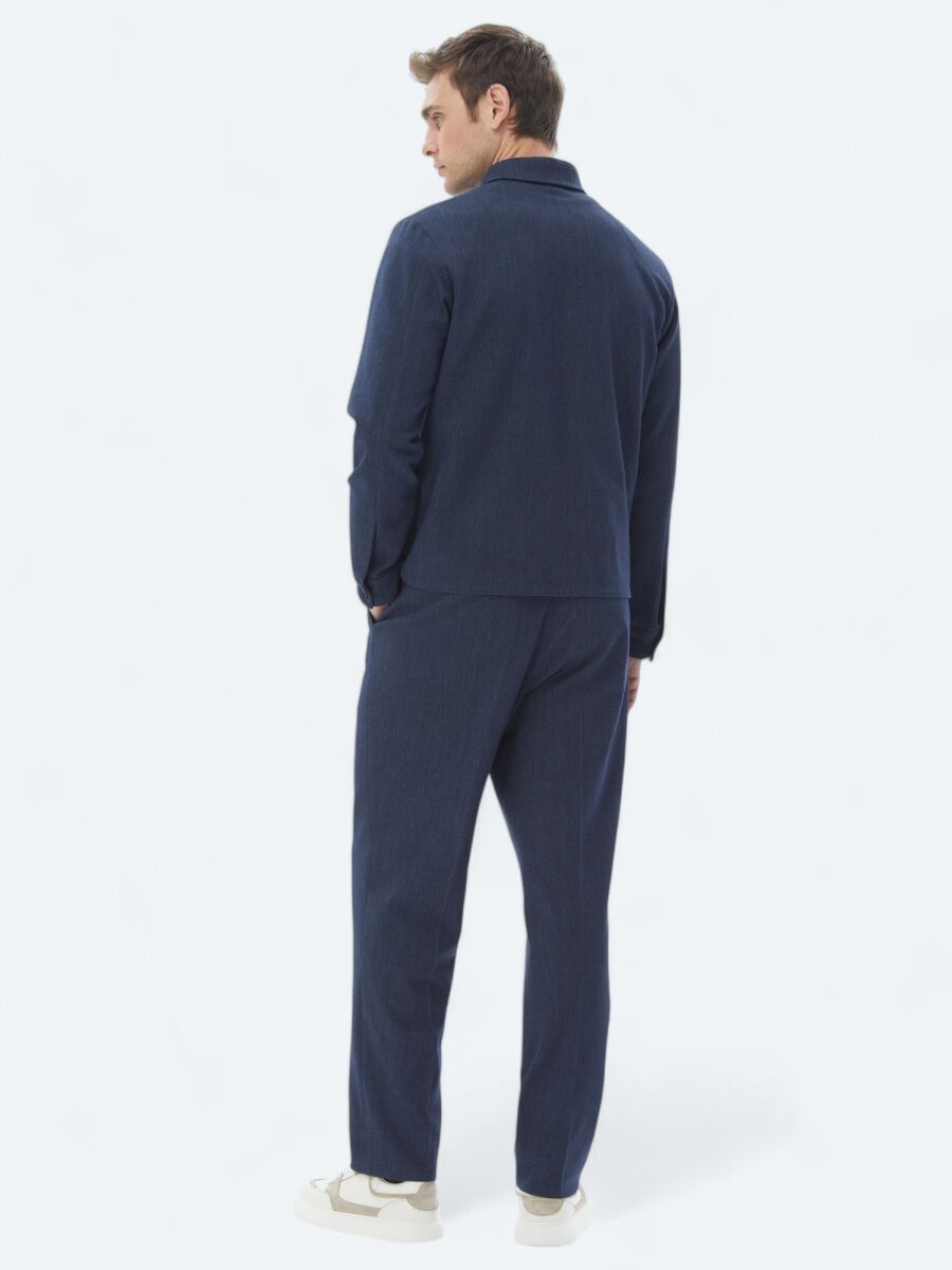 Navy Blue Plain Modern Fit Cotton Blended Suit - 6
