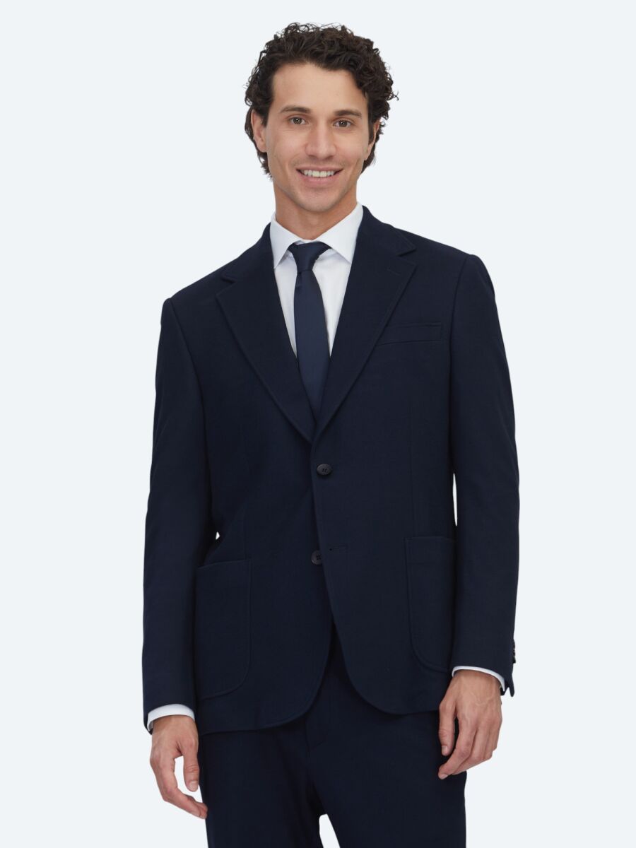 Navy Blue Plain Modern Fit Cotton Blended Suit - 1