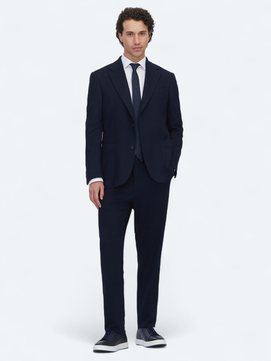 Navy Blue Plain Modern Fit Cotton Blended Suit - 2