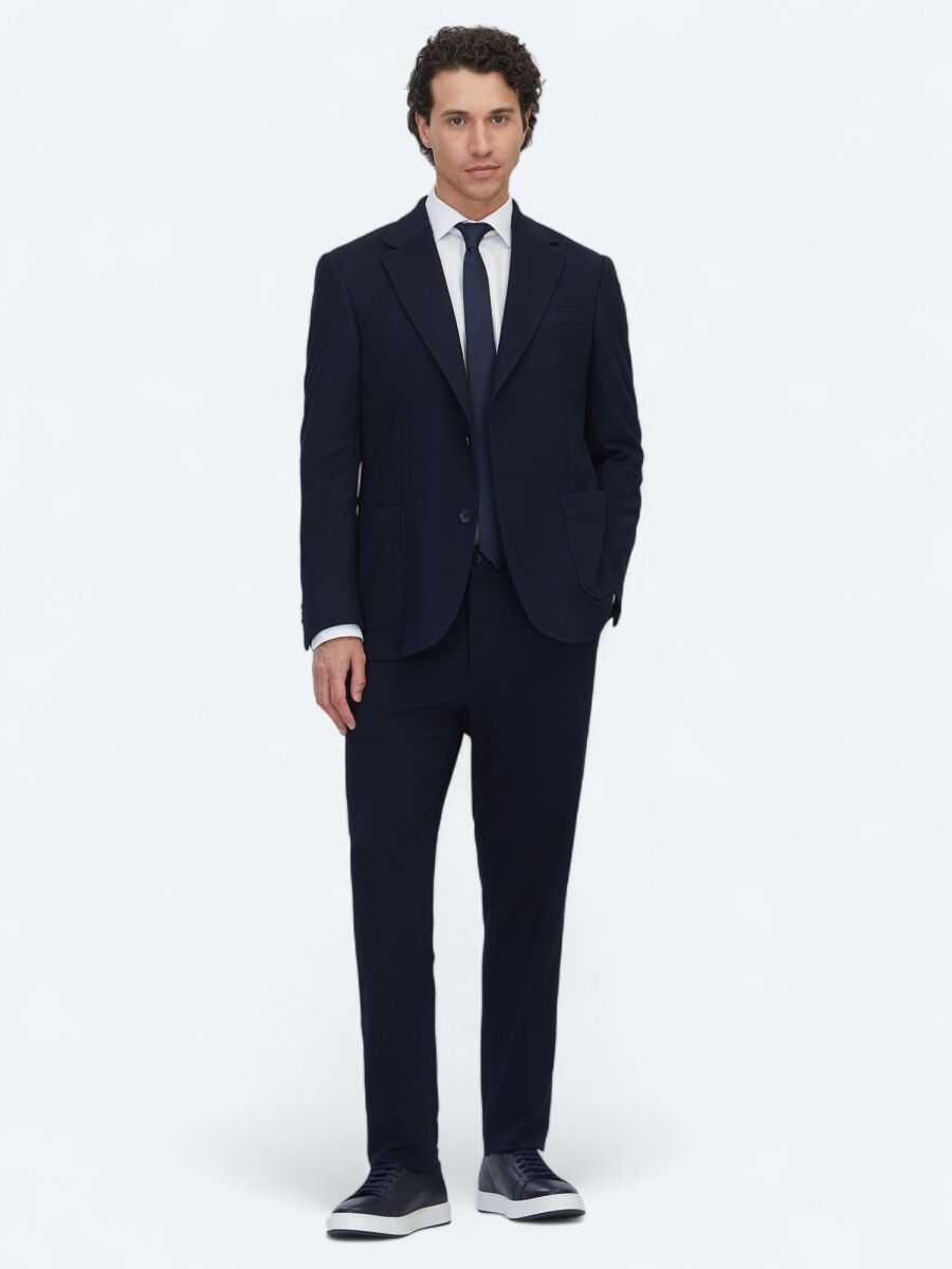 Navy Blue Plain Modern Fit Cotton Blended Suit - 2