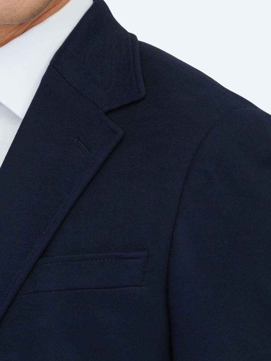 Navy Blue Plain Modern Fit Cotton Blended Suit - 4