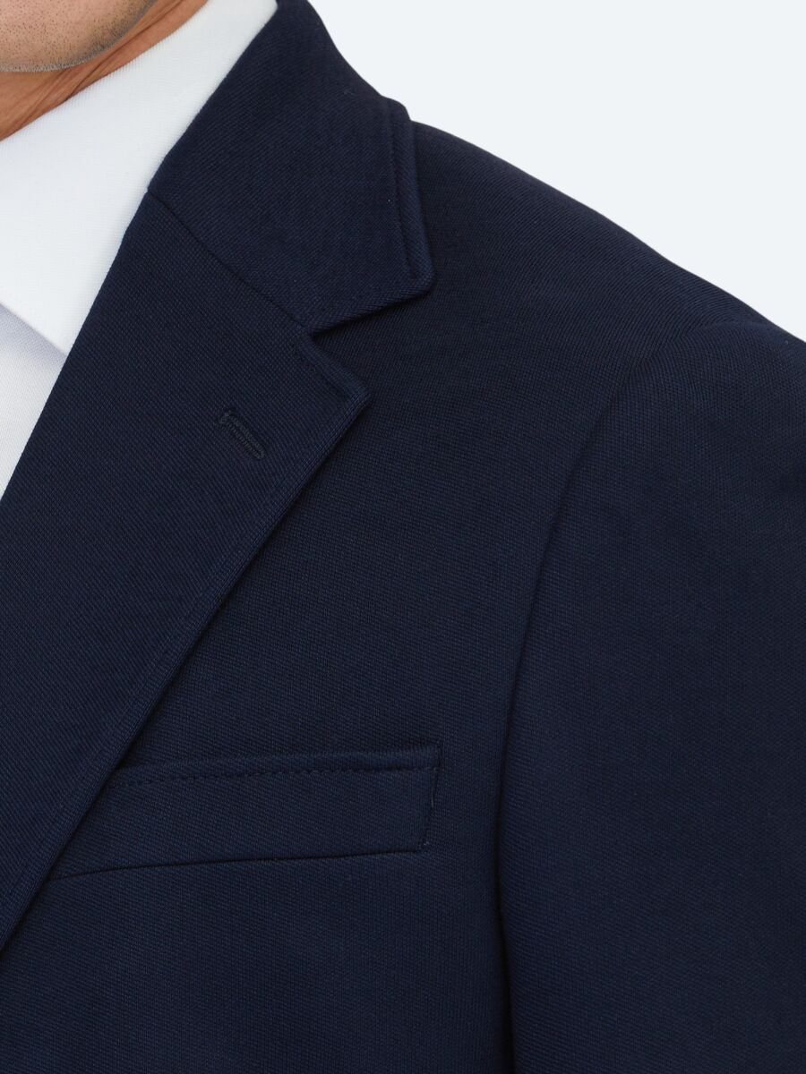 Navy Blue Plain Modern Fit Cotton Blended Suit - 4