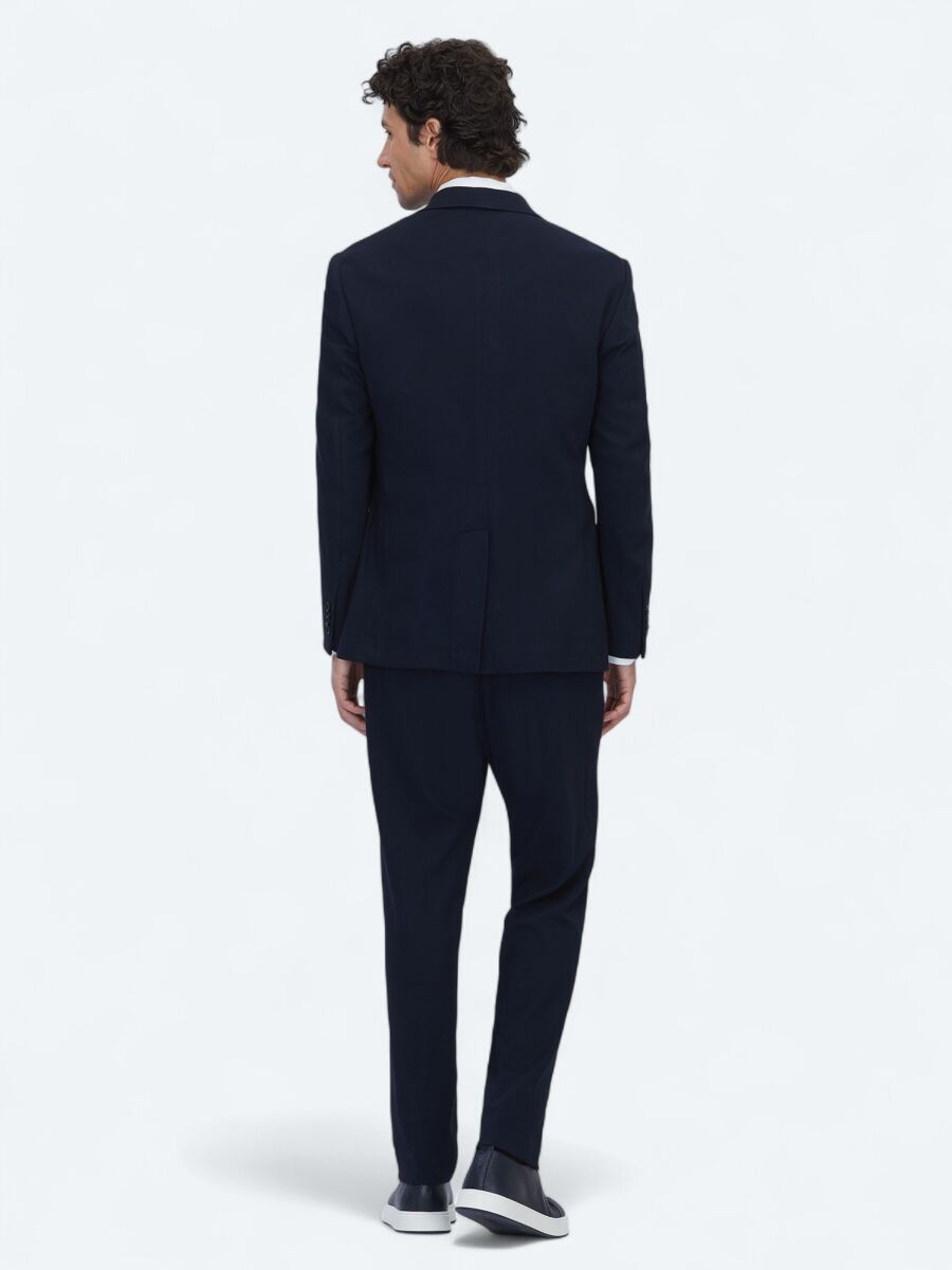 Navy Blue Plain Modern Fit Cotton Blended Suit - 6