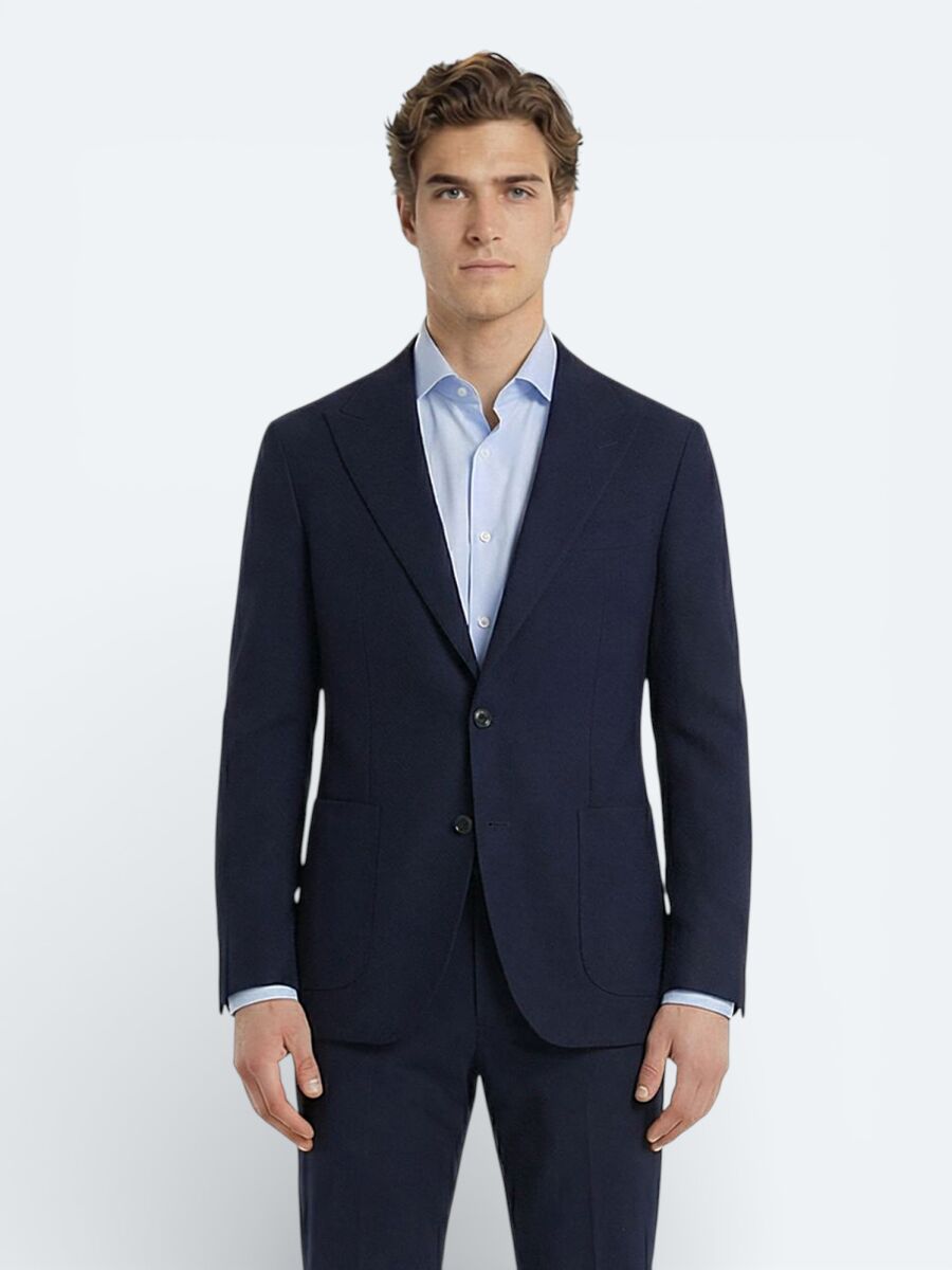 Navy Blue Plain Modern Fit Cotton Blended Suit - 3
