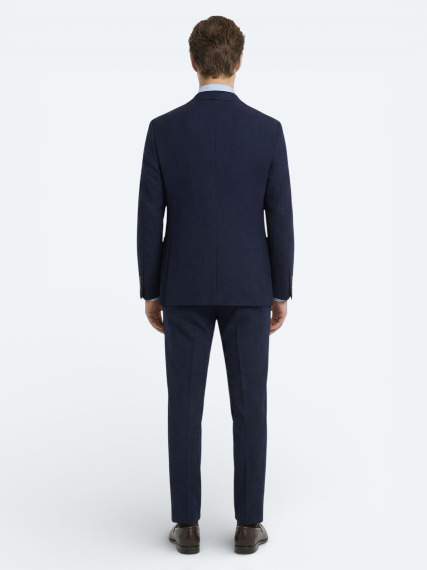 Navy Blue Plain Modern Fit Cotton Blended Suit - 4