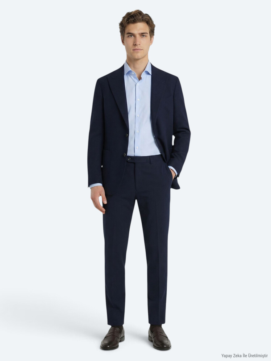 Navy Blue Plain Modern Fit Cotton Blended Suit - KİP
