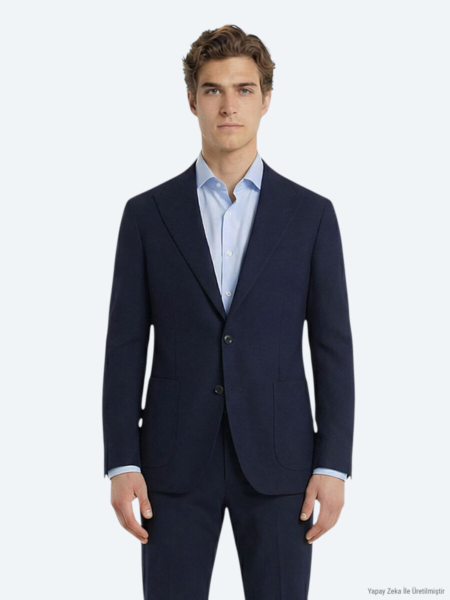 Navy Blue Plain Modern Fit Cotton Blended Suit - 3