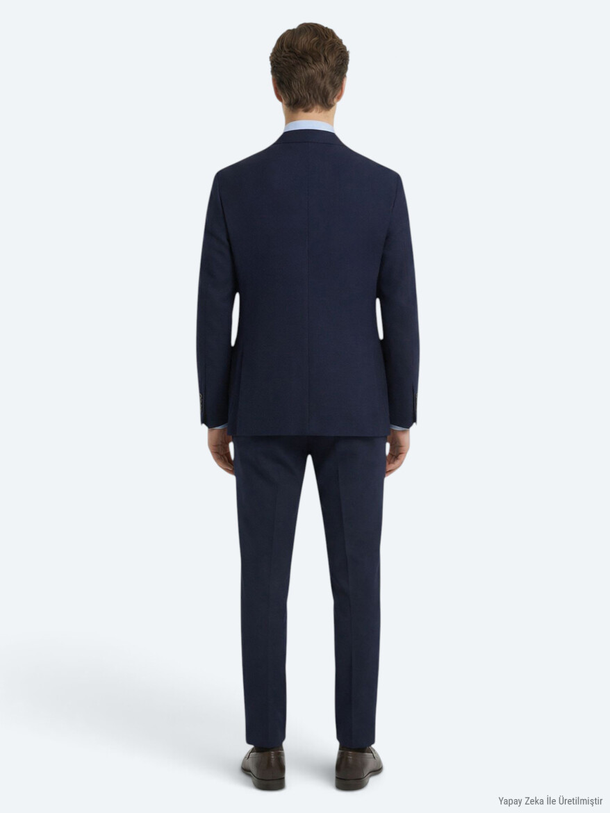 Navy Blue Plain Modern Fit Cotton Blended Suit - 4