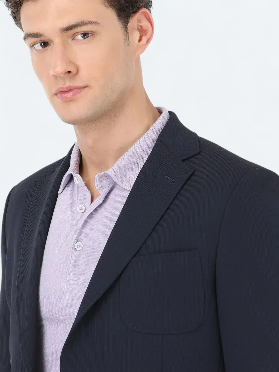 Navy Blue Plain Modern Fit Jacket - 3