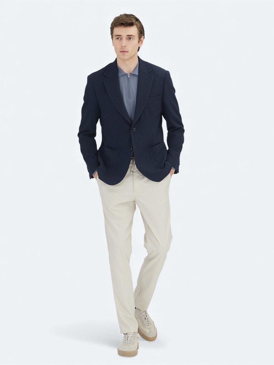 Navy Blue Plain Modern Fit Jacket - KİP