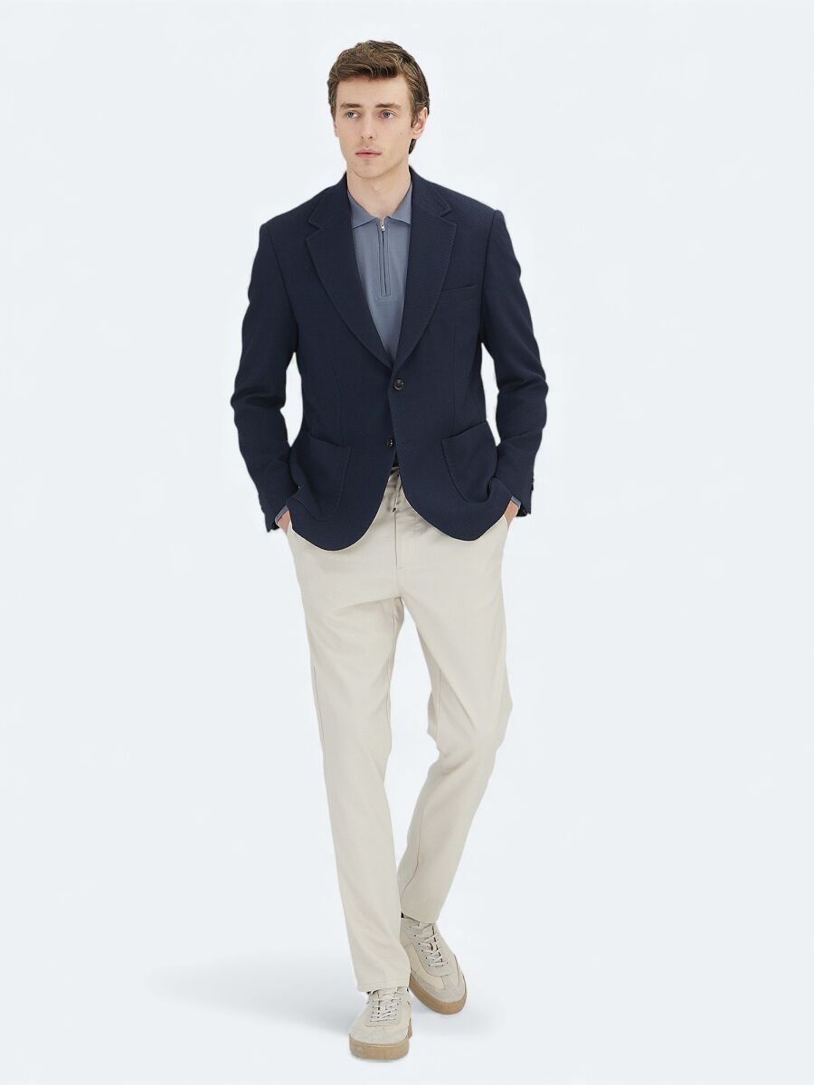 Navy Blue Plain Modern Fit Jacket - 2