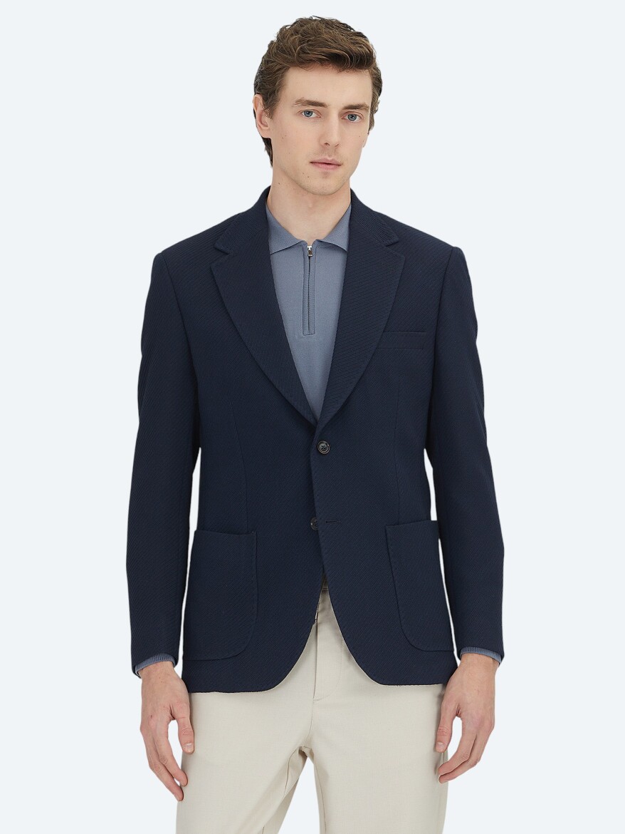 Navy Blue Plain Modern Fit Jacket - 3