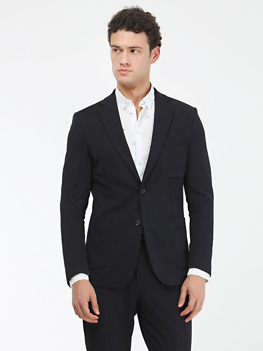 Navy Blue Plain Modern Fit Suit - 1