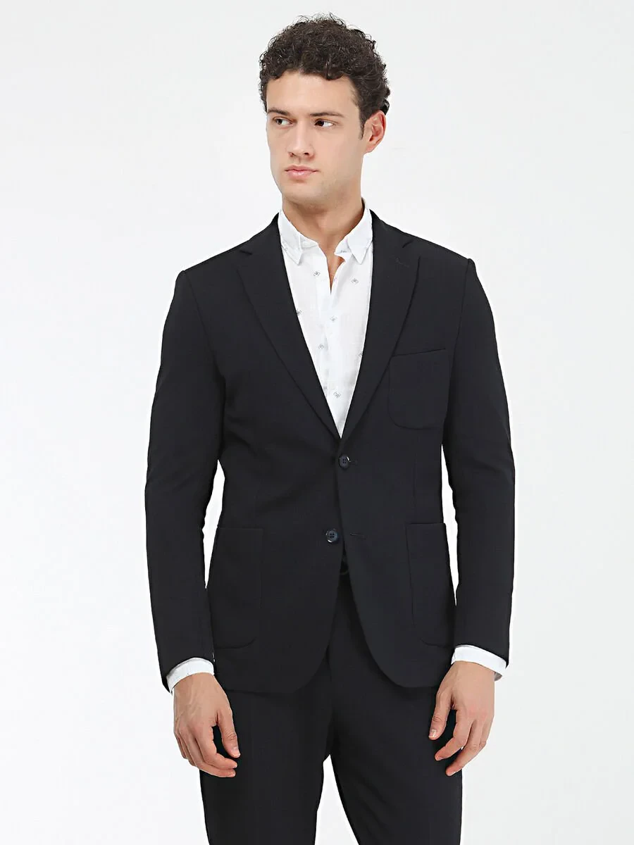 Navy Blue Plain Modern Fit Suit - 1