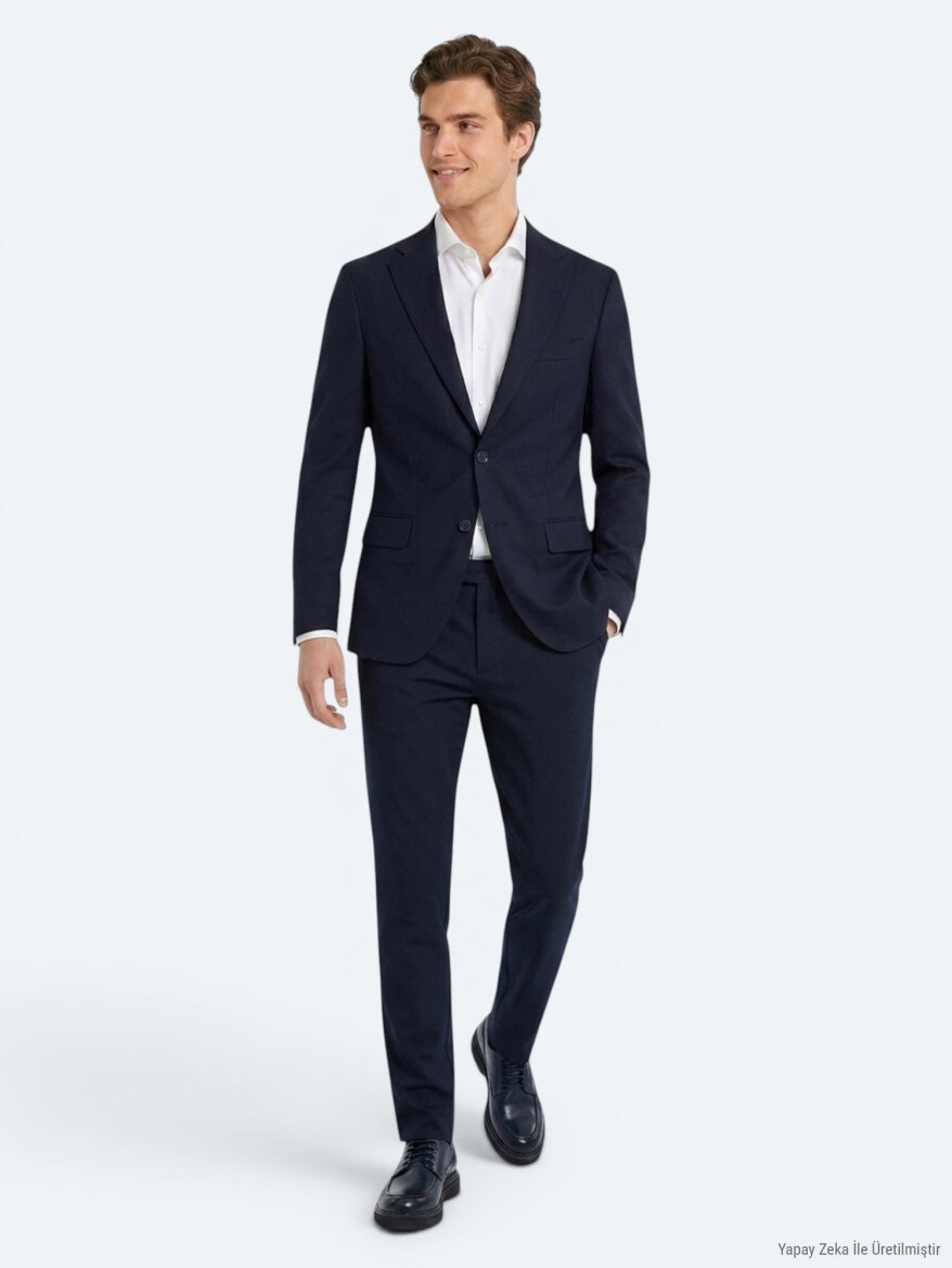 Navy Blue Plain Modern Fit Suit - KİP