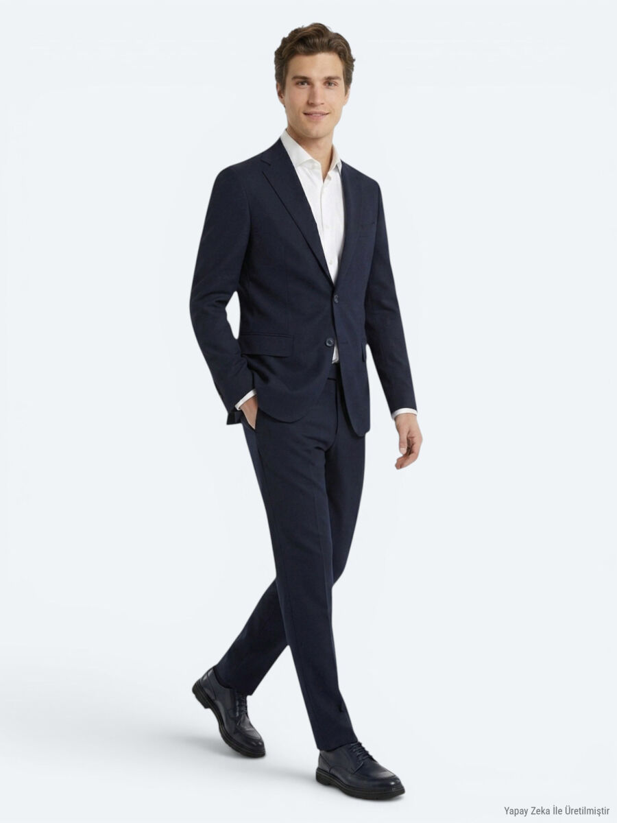 Navy Blue Plain Modern Fit Suit - 4
