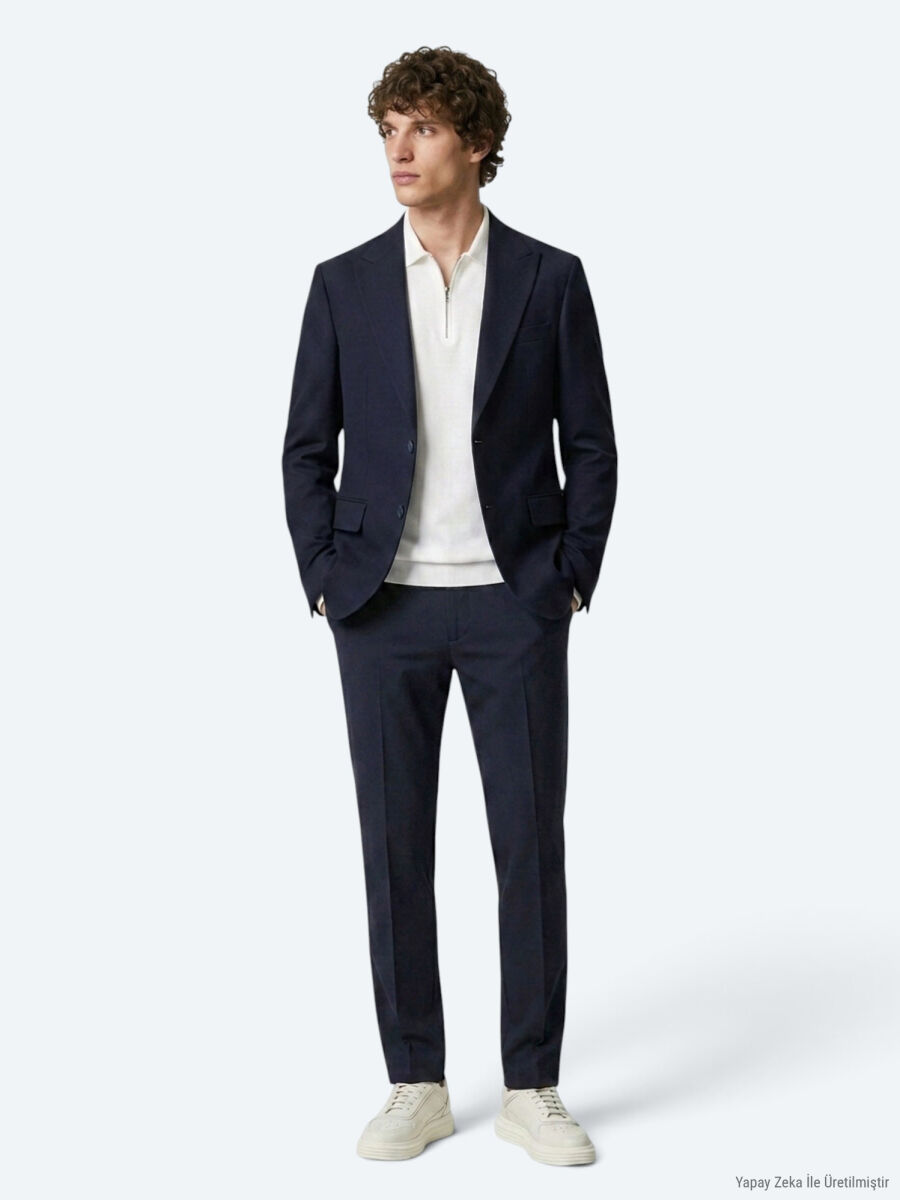 Navy Blue Plain Modern Fit Suit - 2