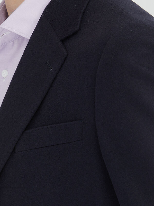 Navy Blue Plain Modern Fit Wool Blended Jacket - 5