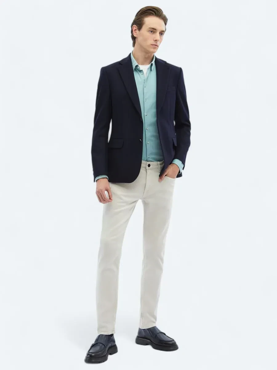 Navy Blue Plain Modern Fit Wool Blended Jacket - 2